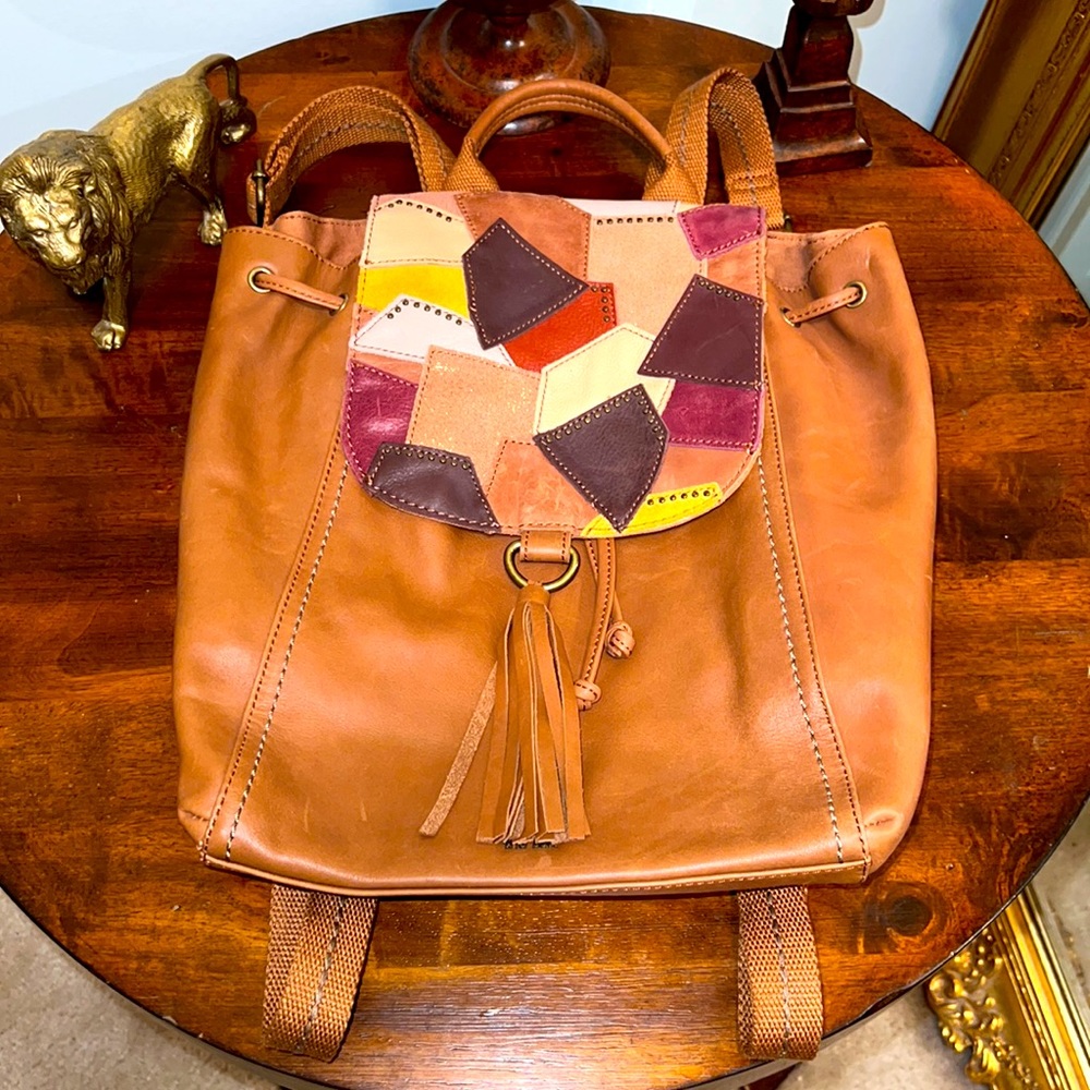 The Sak Avalon Women’s Tan Brown Leather/Cotton Patchwork Flap Backpack 15X12X6